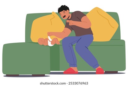 Young Father Character Happily Changes His Newborn Baby Diaper On A Comfortable Couch, Emphasizing Parenthood, Love, And Bonding In A Bright And Cozy Home Setting. Cartoon People Vector Illustration