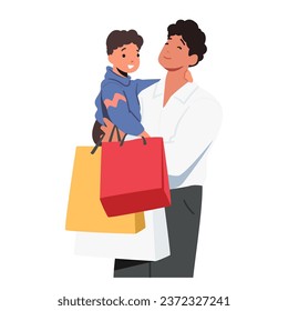 Young Father Character Laden With Shopping Bags, Cradles His Curious Toddler In His Arm Isolated on White Background. Heartwarming Scene Of Parenthood And Joy. Cartoon People Vector Illustration