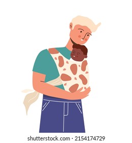 Young father with a child. The father takes care of the child. Vector illustration.