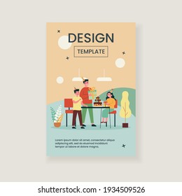 Young father and children celebrating birthday of girl. Gift, cake, party flat vector illustration. Family and celebration concept for banner, website design or landing web page