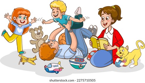 young father and children having fun and playing games together.family having fun vector illustration.