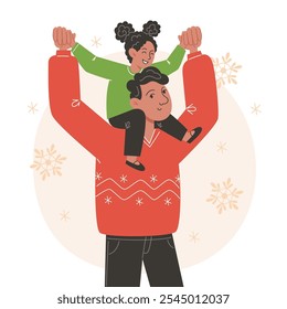 Young Father in a Christmas Sweater Carrying Daughter on Shoulders