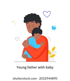 Young Father Cradles His Son Concept. Man Holds Small Child In His Arms And Walks Around House. Boy Lying On His Father Shoulder And Sleeping. Cartoon Flat Vector Illustration On White Background