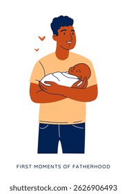 Jovem Pai Bebê Acolhedor, Momento Familiar Terno no Estilo Vetor Mínimo Feliz Pai com Bebê em Braços, Linha Plana Arte Parental Conceito.