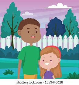 young father with daughter in the field vector illustration design