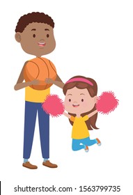 young father with daughter playing basketball and cheerleader vector illustration