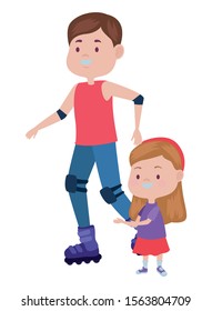 young father with daughter in skates vector illustration design