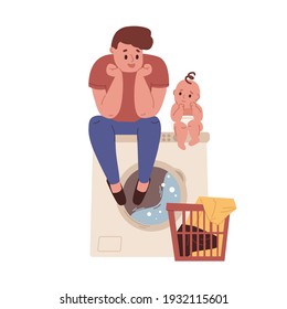 Young father doing laundry and sitting on washing machine with baby. Dad doing household chores. Housekeeping and fatherhood. Colored flat cartoon vector illustration isolated on white background