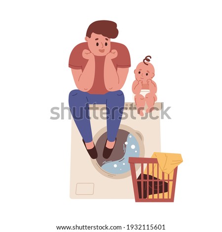 Young father doing laundry and sitting on washing machine with baby. Dad doing household chores. Housekeeping and fatherhood. Colored flat cartoon vector illustration isolated on white background