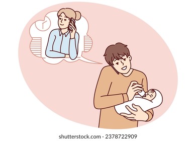Young father feed baby infant talk with wife working in office on phone. Caring dad with child in hands have call with businesswoman mom. Vector illustration.