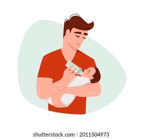 A Young Father Feeding  The Baby With Milk From A Bottle. Father's Day Clip Art, Postcard, Banner. Fatherhood.  Vector Illustration In Flat Style.