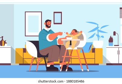 young father feeding his little son on kids eating chair fatherhood parenting concept dad spending time with baby at home living room interior horizontal full length vector illustration