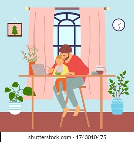 Young father feeding his son wearing bib from bowl. Dad sitting at chair in room at table, watching movies at laptop. Care of young parent. First steps of fatherhood. Single father, parenting concept