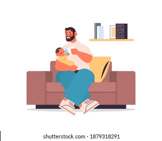young father feeding little son with milk bottle fatherhood concept dad spending time with his kid full length horizontal vector illustration