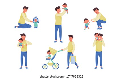 Young Father Feeding Walking and Playing with His Little Baby Vector Illustration Set