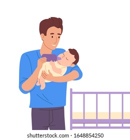 el padre joven alimenta al bebé de una botella de bebé. Un hombre sostiene a un niño en sus brazos y le da leche, al lado está una cuna. Ilustración vectorial en un estilo plano aislado en fondo blanco.