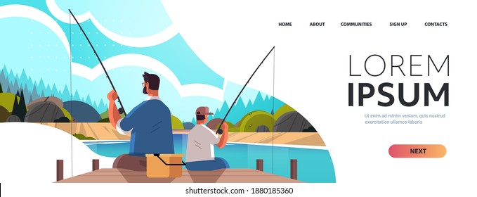 young father fishing with son parenting fatherhood concept dad teaching his kid catching fish at lake nature landscape background full length horizontal copy space vector illustration