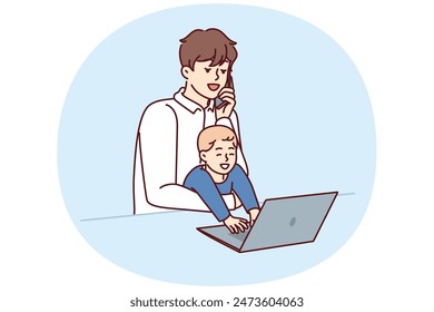 Young father freelancer with baby in arms works with laptop and makes phone call during quarantine restrictions. Father with little boy does remote work and is raising son at same time