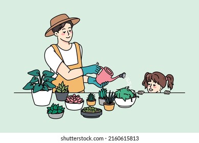 Young father gardener with small daughter enjoy watering plants at home. Smiling dad and little girl child do gardening and household chores together. Vector illustration. 