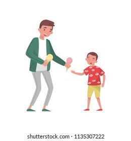 Young father giving ice-cream to his son. Family day. Dad spending time with his child. Smiling man and little boy. Flat vector design