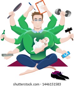 The young father with glasses doing different stuff with many hands. Man combining work in office with family care. Multitask worker.