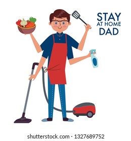 A young father held a spatula, vegetables, a vacuum cleaner, and a cleaning bottle. Concept of Stay at home Dad.