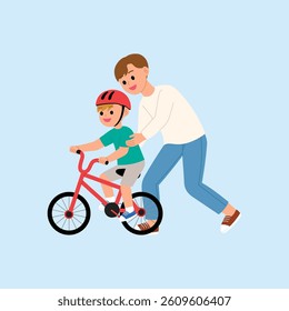young father help son learning to ride a bike character vector