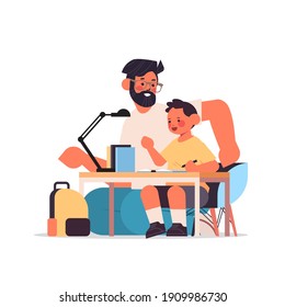 young father helping son doing homework parenting fatherhood friendly family concept dad spending time with his kid full length vector illustration