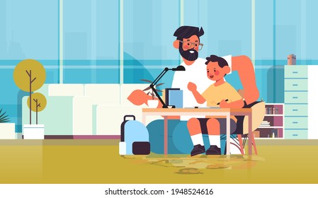 young father helping son doing homework parenting fatherhood friendly family concept
