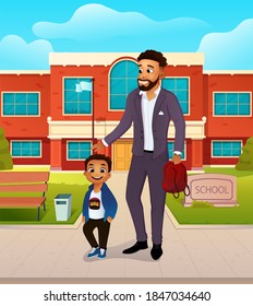 Young father with his little son standing in front of the school. The father picks up the child from school. The concept of happy fatherhood. Stylishly dressed characters. Cartoon Vector Illustration