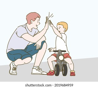 Young father with his little son on motorbike. Family concept. Hand drawn in thin line style, vector illustrations.