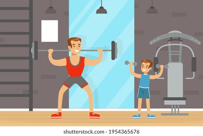 Young Father and His Son Doing Physical Exercise Lifting Dumbbells Vector Illustration