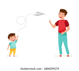 Young Father and His Son Flying Paper Plane Vector Illustration