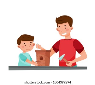Young Father and His Son Making Bird Feeder Vector Illustration