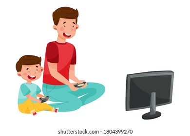 Young Father and His Son Sitting and Playing Video Game Vector Illustration