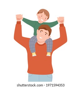 Young Father with His Son Sitting on His Shoulders Vector Illustration