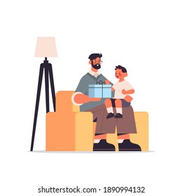 young father holding gift box for son parenting fatherhood concept dad giving holiday present to his joyful kid full length vector illustration