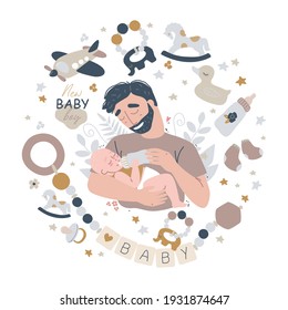 Young father holding his little son. Baby care accessories and items. Newborn boho baby. Baby boy shower card. Adorable baby drinking milk from bottle in father hands