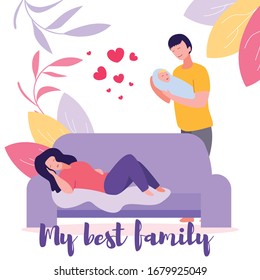 Young Father Holding Little Sleeping Child while Mother having Rest Lying on Sofa. Dad with Baby. Man Nurse Toddler. Fathers Day, Parenting, My Best Family Cartoon Flat Vector Illustration, Banner