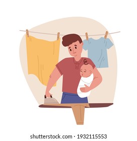Young father holding newborn baby in arms and doing household chores. Dad ironing linen. Housekeeping and paternity leave concept. Colored flat cartoon vector illustration isolated on white background