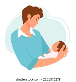 A young father is holding a newborn baby. Vector illustration.