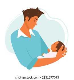 A young father is holding a newborn baby. Vector illustration.
