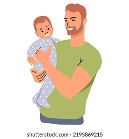 A young father holds a baby in his arms. Happy father and little newborn son. Parenthood, baby care. Flat style isolated on white background. Vector illustration.