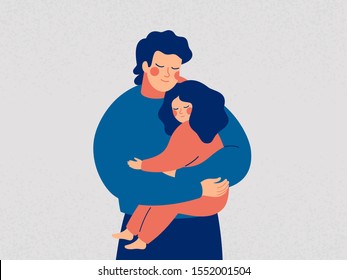 Young father holds his daughter with care and love. Happy Fathers Day concept with daddy and small girl. Vector illustration