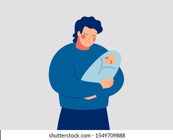 Young father holds his newborn baby with care and love. Happy Fathers Day concept with daddy and small baby. Vector illustration