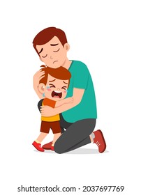 young father hug crying little boy and try to comfort