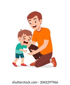 young father hug crying little boy and try to comfort