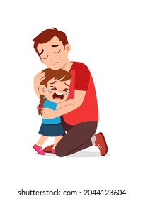 young father hug crying little girl and try to comfort