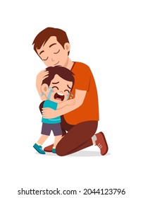 young father hug crying little boy and try to comfort