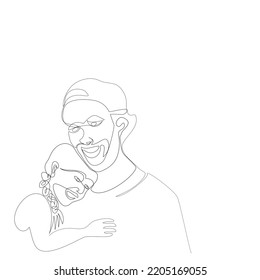 Young father hugging a daughter  in his arm.Front view of Daddy holding girl  in his hand in single line drawing style.Vector isolate flat continue line design  of Father’s Day or happy Children’s day